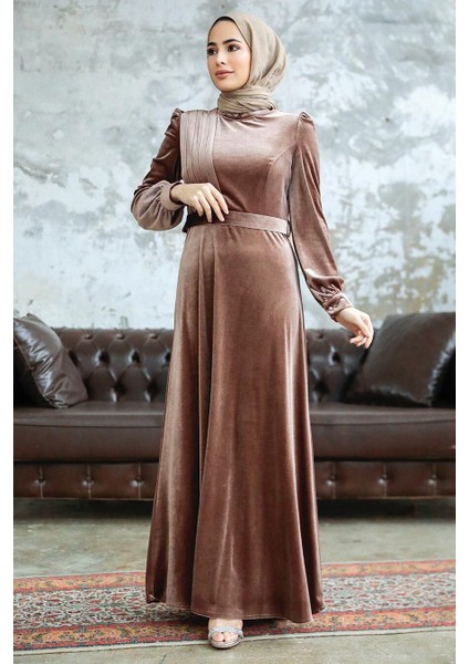 - Kemerli Koyu Vizon Tesettür Kadife Elbise 36910KV