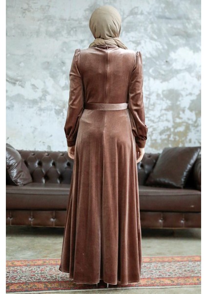 - Kemerli Koyu Vizon Tesettür Kadife Elbise 36910KV modelleri