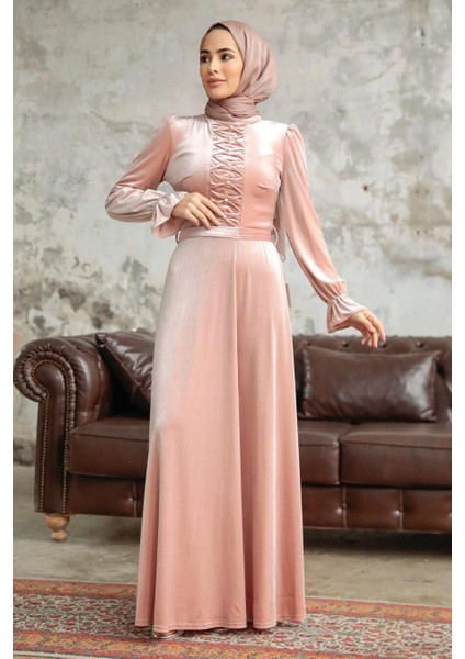 - Inci Detaylı Somon Tesettür Kadife Elbise 37091SMN