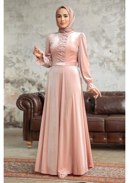 - Inci Detaylı Somon Tesettür Kadife Elbise 37091SMN fiyatları