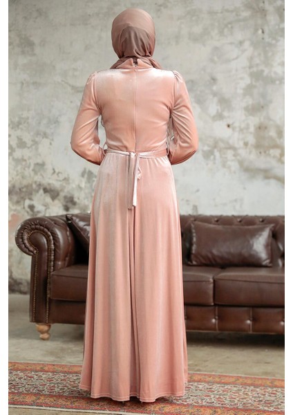 - Inci Detaylı Somon Tesettür Kadife Elbise 37091SMN modelleri