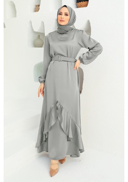 Volanlı Açık Gri Tesettür Abiye Elbise 4566AGR