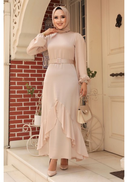 Volanlı Bej Tesettür Abiye Elbise 4566BEJ