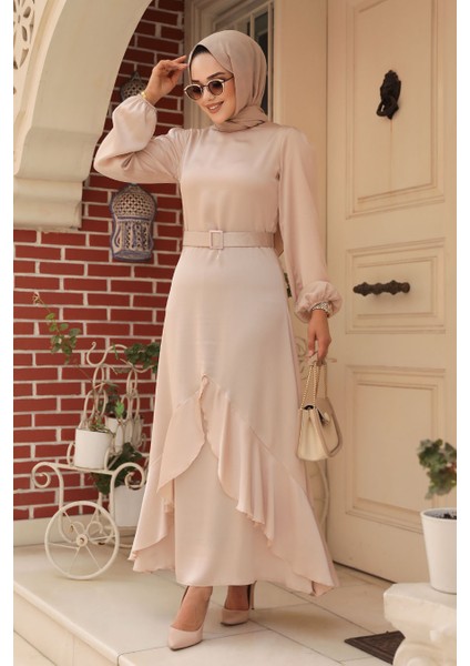 Volanlı Bej Tesettür Abiye Elbise 4566BEJ fiyatları