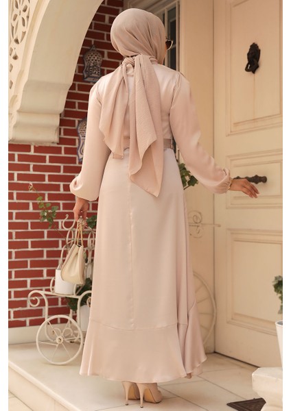 Volanlı Bej Tesettür Abiye Elbise 4566BEJ modelleri