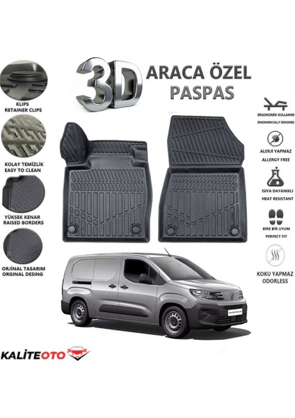 Peugeot Rifter Panelvan 2023 Model Tam Uyumlu Kokusuz 3D Havuzlu Paspas