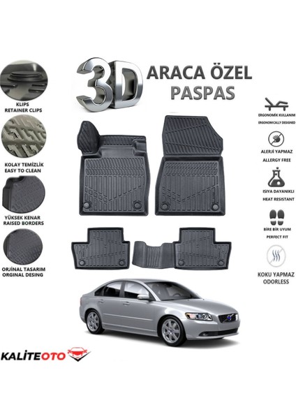 Volvo S40 2009 Model Tam Uyumlu Kokusuz 3D Havuzlu Paspas