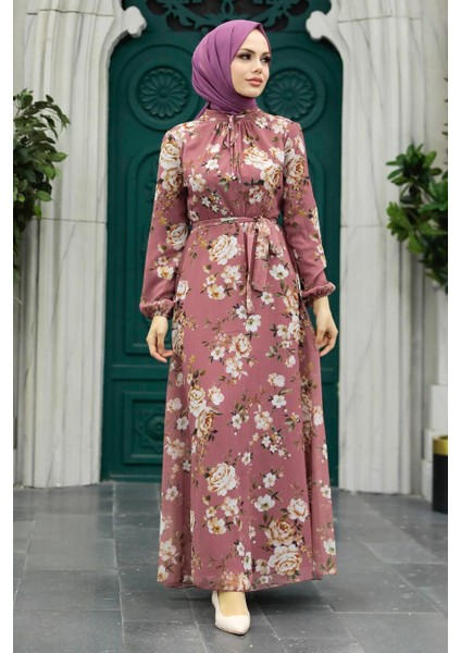 - Çiçek Desenli Gül Kurusu Tesettür Elbise 279080GK
