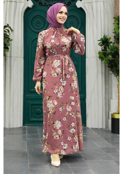 - Çiçek Desenli Gül Kurusu Tesettür Elbise 279080GK fiyatları