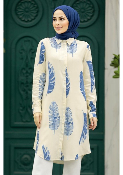 - Desenli Mavi Tesettür Viskon Tunik 11610M
