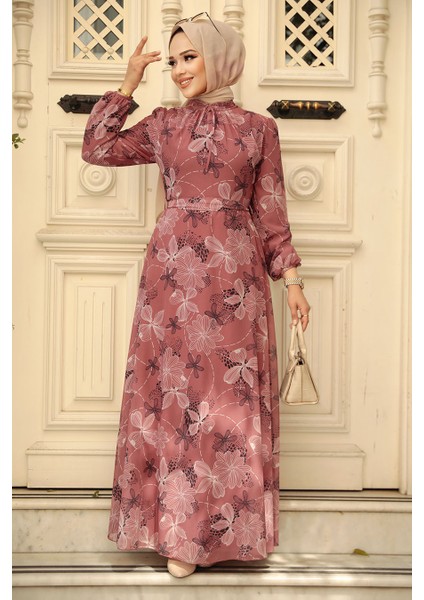 Çiçek Desenli Gül Kurusu Tesettür Elbise 279079GK