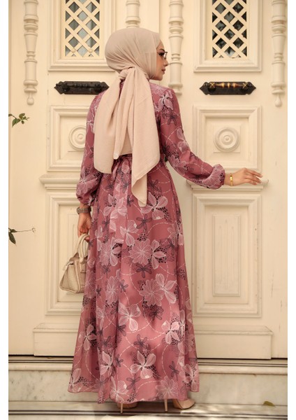 Çiçek Desenli Gül Kurusu Tesettür Elbise 279079GK fiyatları