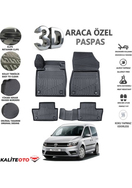 Volkswagen Caddy 2010-2015 Model Arası Tam Uyumlu Kokusuz 3D Havuzlu Paspas