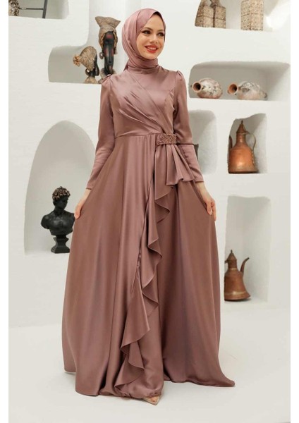 Volanlı Vizon Tesettür Abiye Elbise 22431V