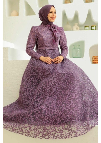 Dantelli Lila Tesettür Abiye Elbise 22421LILA