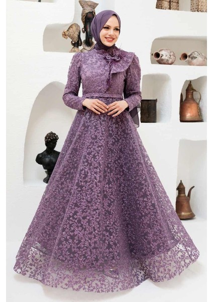 Dantelli Lila Tesettür Abiye Elbise 22421LILA fiyatları