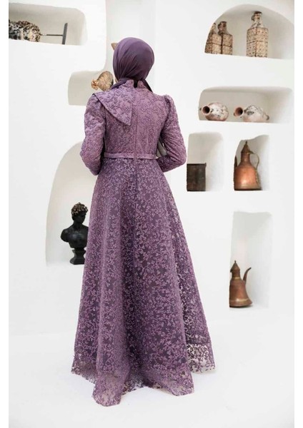 Dantelli Lila Tesettür Abiye Elbise 22421LILA modelleri
