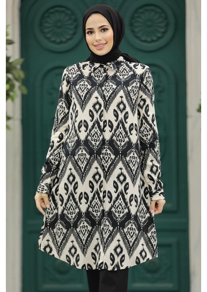 - Desenli Siyah Tesettür Viskon Tunik 11603S