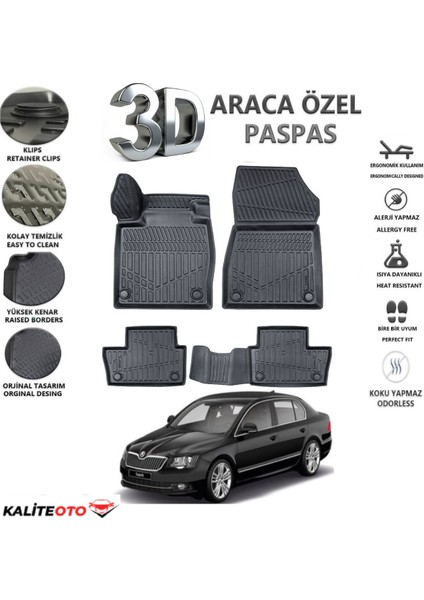 Skoda Superb 2 2012 Model Tam Uyumlu Kokusuz 3D Havuzlu Paspas