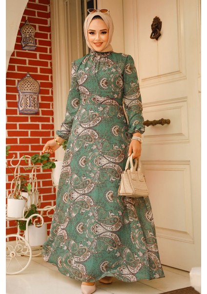 - Çiçek Desenli Yeşil Tesettür Elbise 279081Y