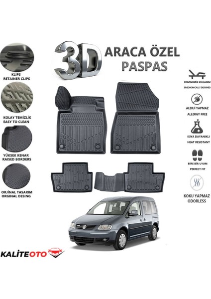 Volkswagen Caddy 2007 Model Tam Uyumlu Kokusuz 3D Havuzlu Paspas