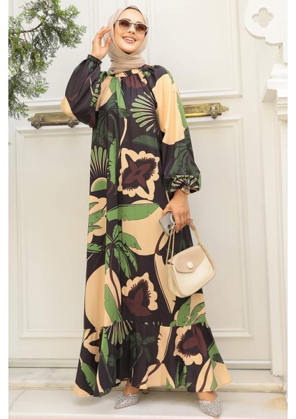 - Desenli Yeşil Tesettür Elbise 34610Y fiyatları