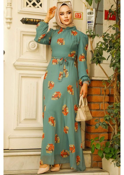 Çiçek Desenli Çağla Yeşili Tesettür Elbise 27937CY