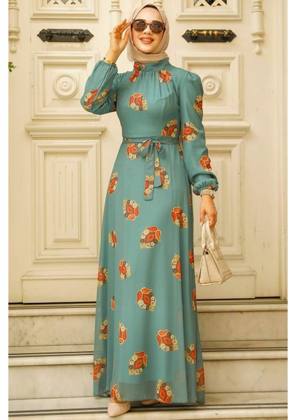 Çiçek Desenli Çağla Yeşili Tesettür Elbise 27937CY fiyatları