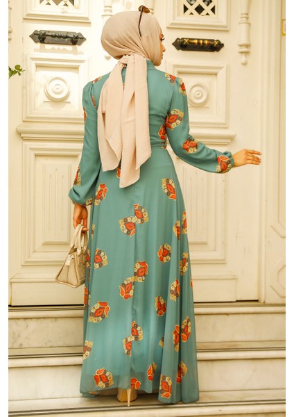 Çiçek Desenli Çağla Yeşili Tesettür Elbise 27937CY modelleri