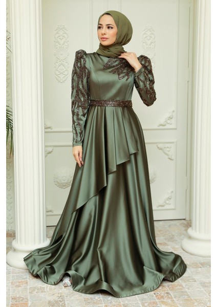 Tesettürlü Abiye Elbise - Boncuk Işlemeli Haki Saten Tesettür Abiye Elbise 22671HK fiyatları