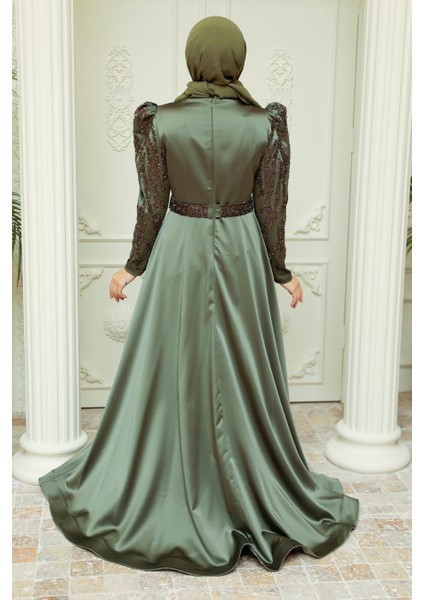 Tesettürlü Abiye Elbise - Boncuk Işlemeli Haki Saten Tesettür Abiye Elbise 22671HK modelleri