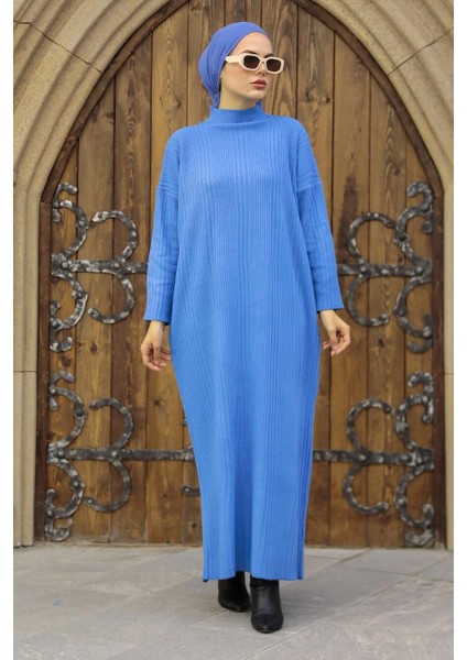 Boğazlı Yaka Mavi Tesettür Triko Elbise 34150M