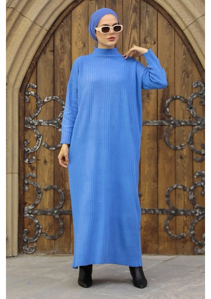 Boğazlı Yaka Mavi Tesettür Triko Elbise 34150M fiyatları