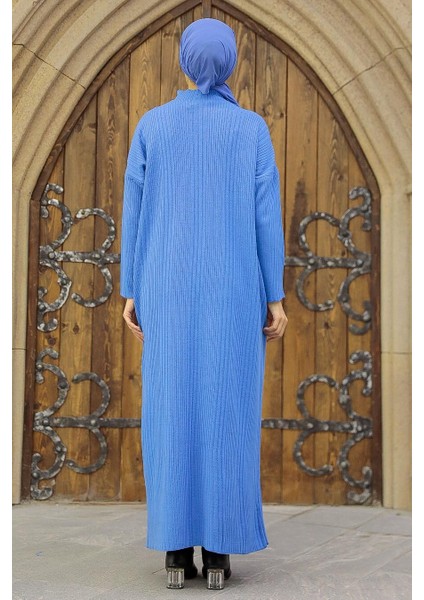 Boğazlı Yaka Mavi Tesettür Triko Elbise 34150M fırsatları