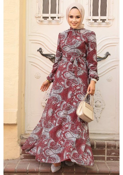 - Çiçek Desenli Bordo Tesettür Elbise 279081BR