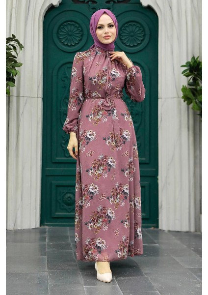 Çiçek Desenli Gül Kurusu Tesettür Elbise 279082GK