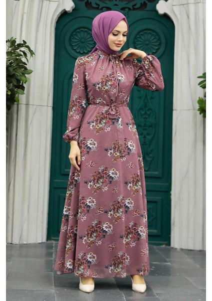 Çiçek Desenli Gül Kurusu Tesettür Elbise 279082GK fiyatları