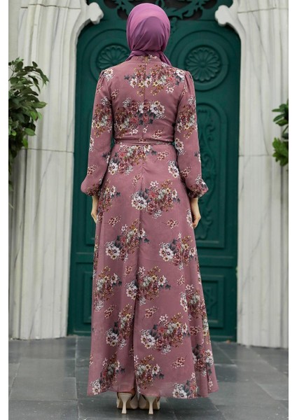 Çiçek Desenli Gül Kurusu Tesettür Elbise 279082GK modelleri