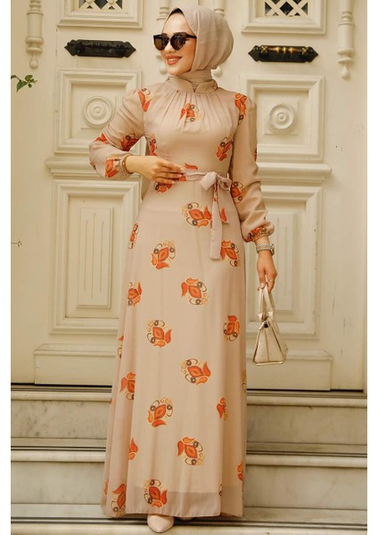 Çiçek Desenli Vizon Tesettür Elbise 27937V fiyatları