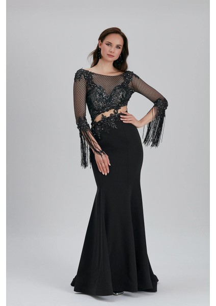 Abiye Elbise Boncuk Işlemeli Siyah Abiye Elbise 75501S