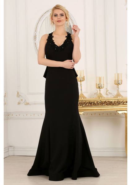 Abiye Elbise Çiçek Detaylı Siyah Abiye Elbise 6419S