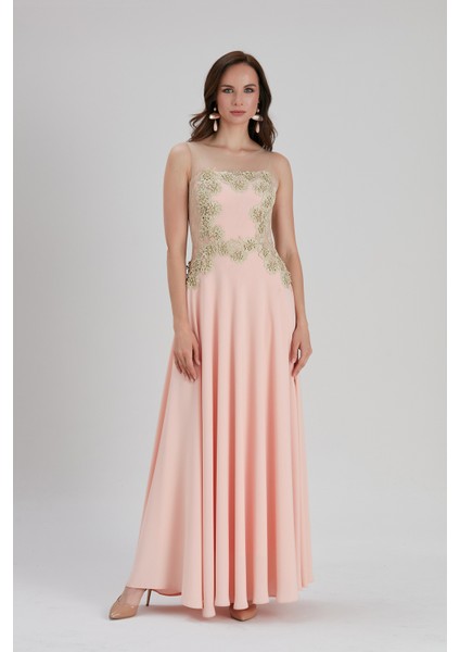 Abiye Elbise Çiçek Detaylı Somon Abiye Elbise 7029SMN