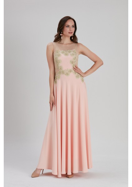 Abiye Elbise Çiçek Detaylı Somon Abiye Elbise 7029SMN fiyatları