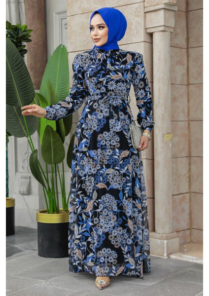 - Çiçek Desenli Indigo Mavisi Tesettür Elbise 27950IM