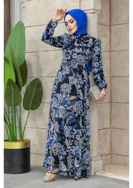 - Çiçek Desenli Indigo Mavisi Tesettür Elbise 27950IM fiyatları