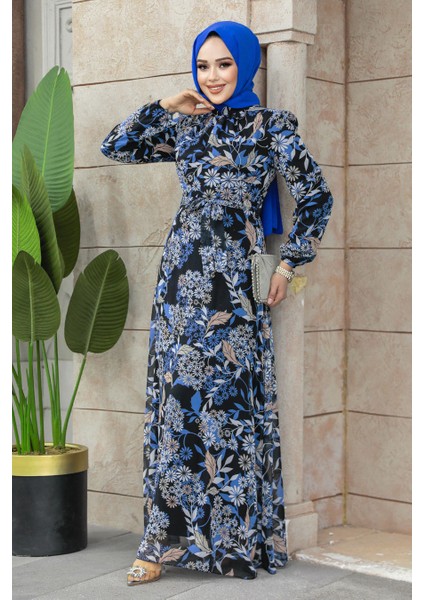 - Çiçek Desenli Indigo Mavisi Tesettür Elbise 27950IM modelleri