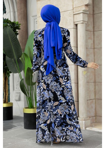 - Çiçek Desenli Indigo Mavisi Tesettür Elbise 27950IM fırsatları
