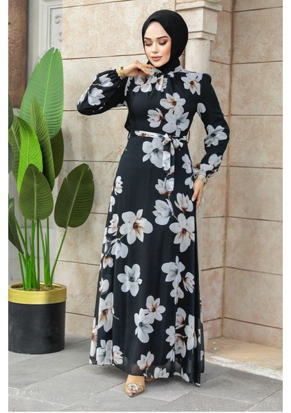 Çiçek Desenli Siyah Tesettür Elbise 27946S