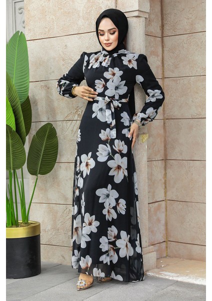 Çiçek Desenli Siyah Tesettür Elbise 27946S fiyatları