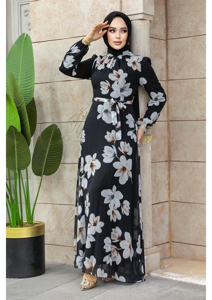 Çiçek Desenli Siyah Tesettür Elbise 27946S modelleri